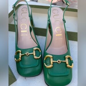 Gucci Green Leather Slingback Mules with Gold Horsebit